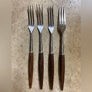 Vintage MCM Wood-Handled Stainless Steel Cocktail/Fondue Forks - Set of 4